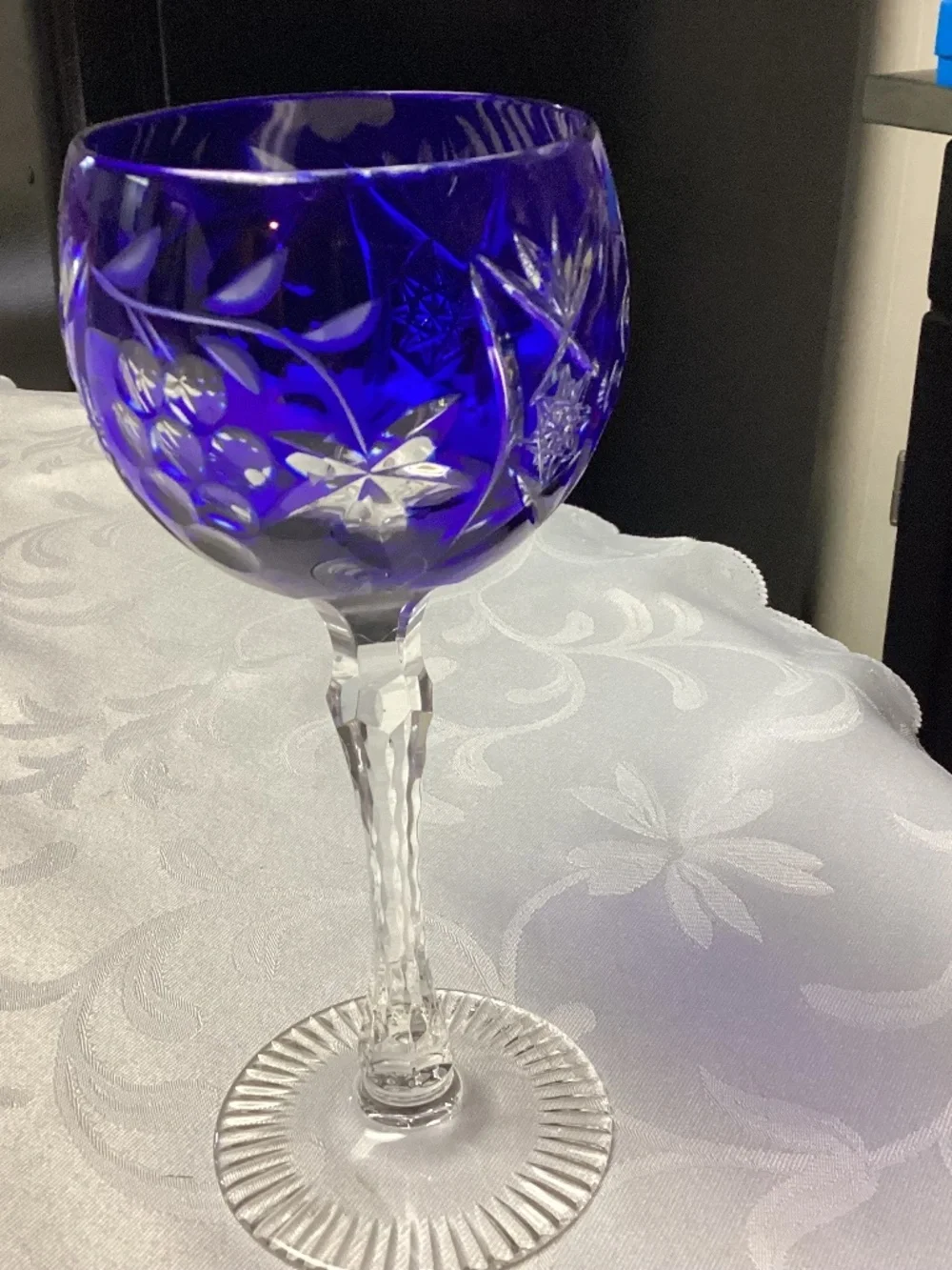 BLUE ETCHED WINE GLASS. COBALT BLUE HOCK